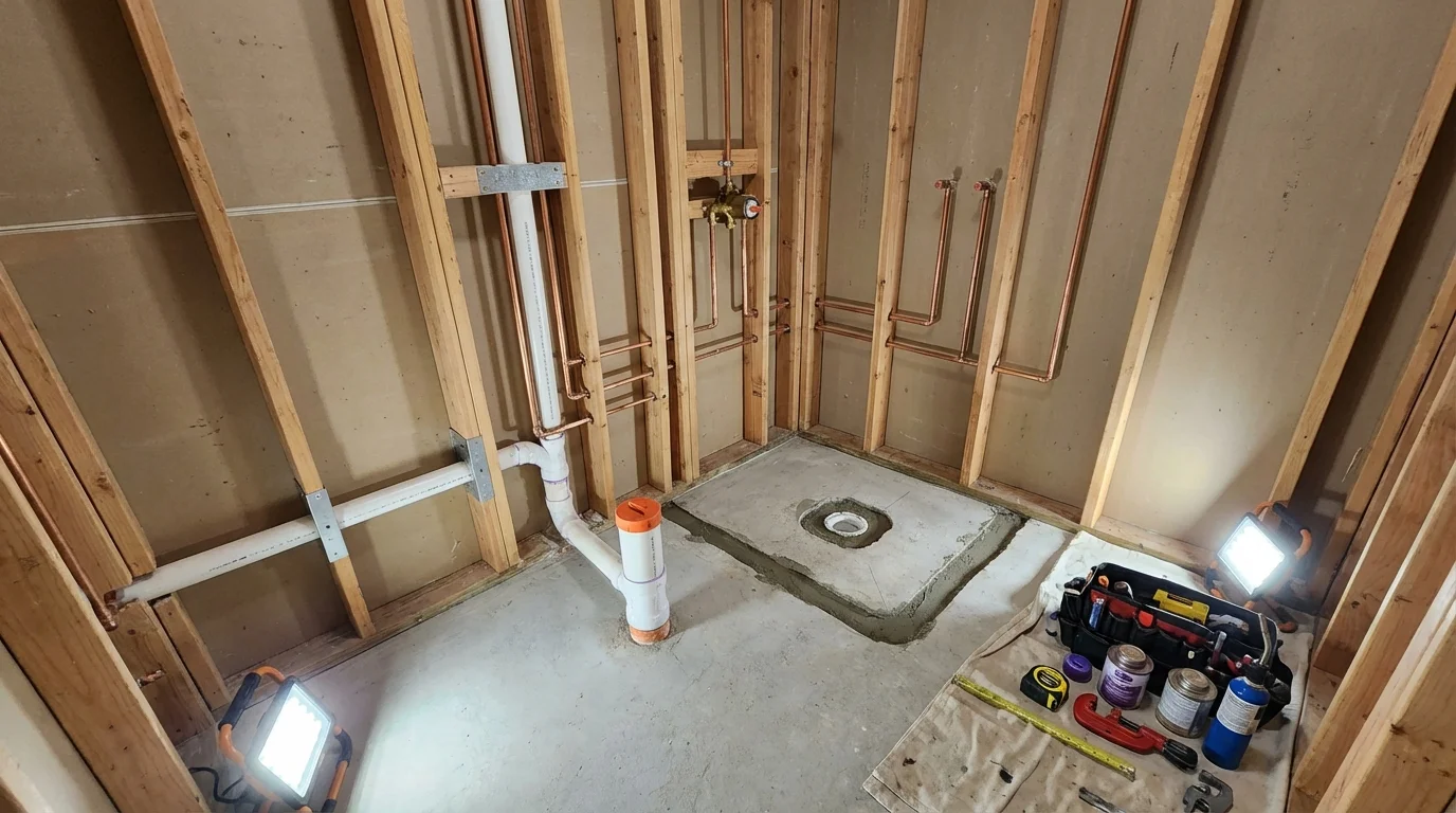 Bathroom rough-in plumbing during remodel by Johns Plumbing LLC in South Haven