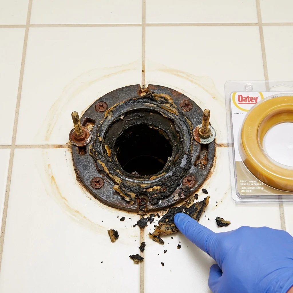 Failed wax ring showing water seepage at the base of a toilet in a South Haven, MI home