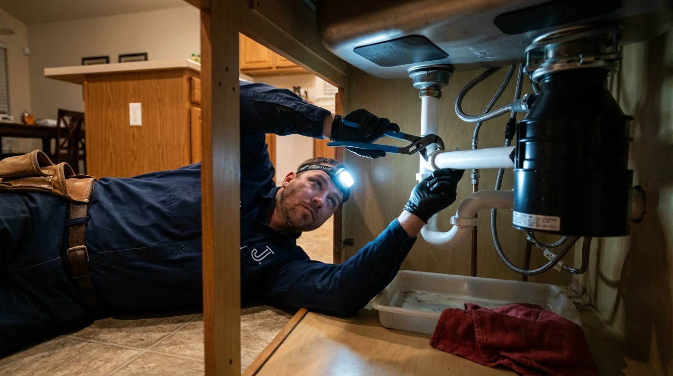 P-trap and supply line connections under a kitchen sink showing a common leak point in South Haven, MI